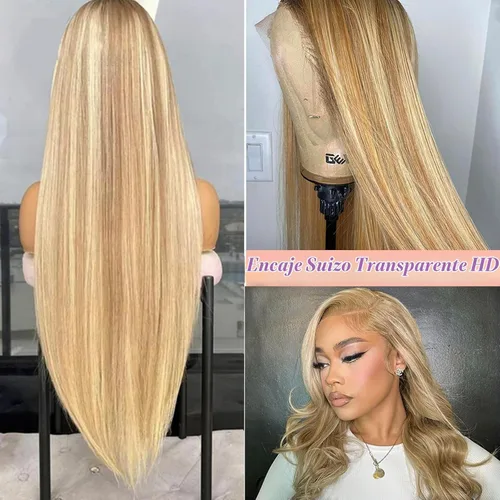 Vista 4 de Pelucas de encaje frontal rubio con reflejos, cabello humano 13x4, malla frontal transparente HD, estilo ombre, color marrón dorado a rubio