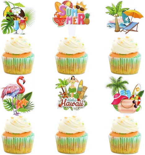 Vista 13 de Ercadio Paquete de 24 adornos para tartas de flamencos hawaianos con purpurina rosa, flamencos Luau, decoración hawaiana tropical de verano, Aloha