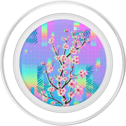 Vista 2 de Sakura Synthwave Colorful Vaporwave 90s Art Cherry Blossom PopSockets MagSafe PopGrip para iPhone