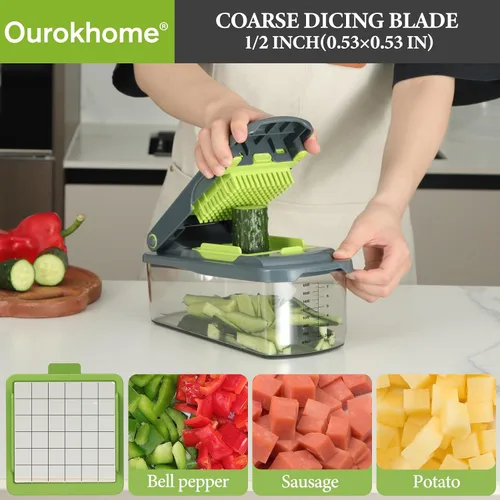 Vista 2 de Picadora de verduras Ourokhome con recipiente, picadora manual de verduras con 2 cuchillas de corte para tiras de papa, cubos de cebolla, palitos