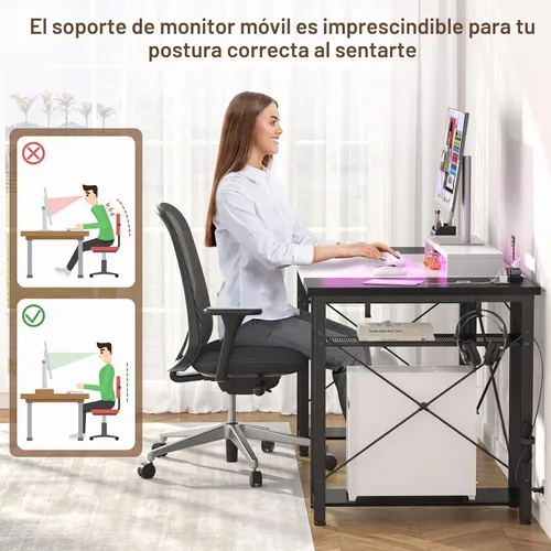 Vista 6 de Armocity Escritorio para computadora con luces LED, escritorio de 48 pulgadas con toma de corriente y USB, escritorio grande reversible con soporte