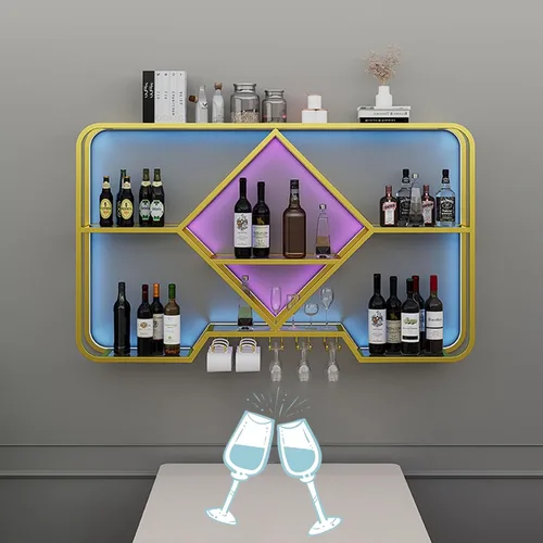 Vista 8 de Estantes para vinos, estantes de bar montados en la pared con soporte colgante para copas de vino, mini bar, licor, bar, botella, estante flotante