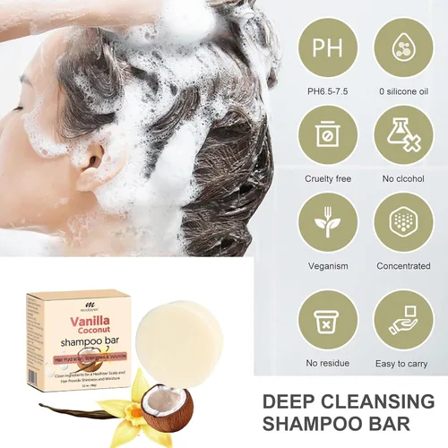 Vista 2 de Barra de champú de coco y vainilla, cuidado natural del cabello, suavidad sedosa y nutrición, fortalece el cabello y da volumen, sin parabenos