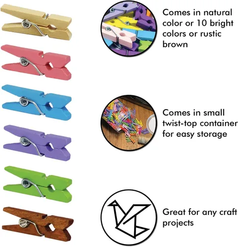 Vista 2 de Mini pinzas de madera con cordel de yute, 250 piezas, pinzas de papel fotográfico de 1 pulgada con cordel natural de 66 pies para álbumes