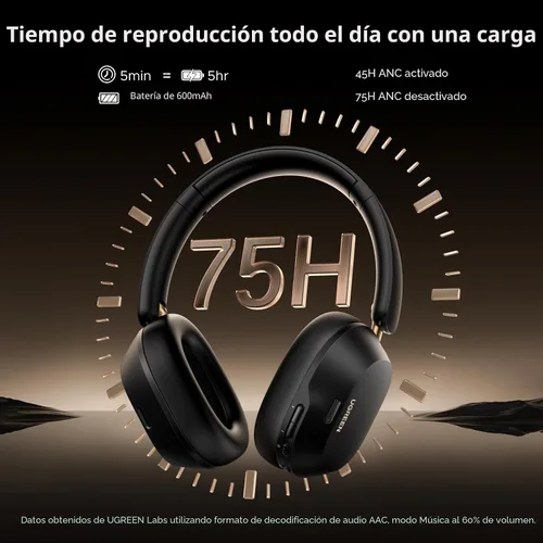 Vista 4 de UGREEN HiTune Max5c Auriculares inalámbricos sobre la oreja, ANC híbrido, tiempos de reproducción 75H Hi-Res LDAC, Spatial Audio, Bluetooth 5.4