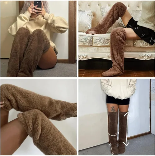Vista 5 de Calcetines mullidos por encima de la rodilla, medias de felpa alta, calentadores de piernas largas mullidas, calcetines de invierno para dormir