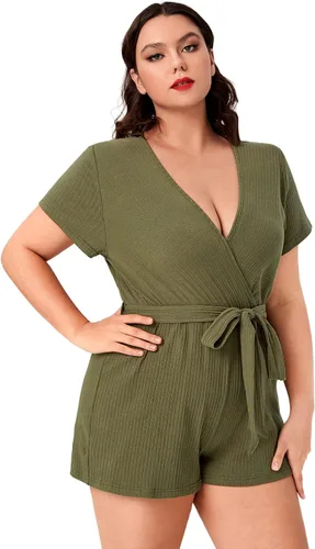 Vista 6 de WDIRARA Women's Plus Size Deep V Neck Wrap Belted Rib Knit Romper Shorts