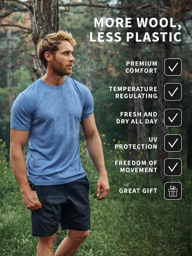 Vista 3 de Merino.tech Camiseta de lana merino para hombre, 100% lana merina orgánica, capa base ligera + calcetines de lana de senderismo