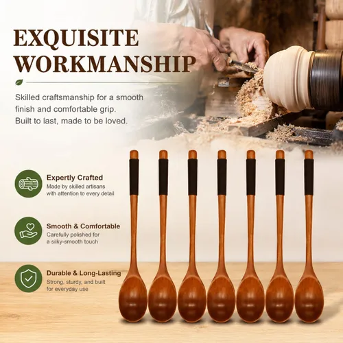 Vista 3 de Muulaii - Paquete de 6 cucharas de madera para sopa, cuchara de madera de mango largo de 9 pulgadas Madera natural Nanmu, laca de grado