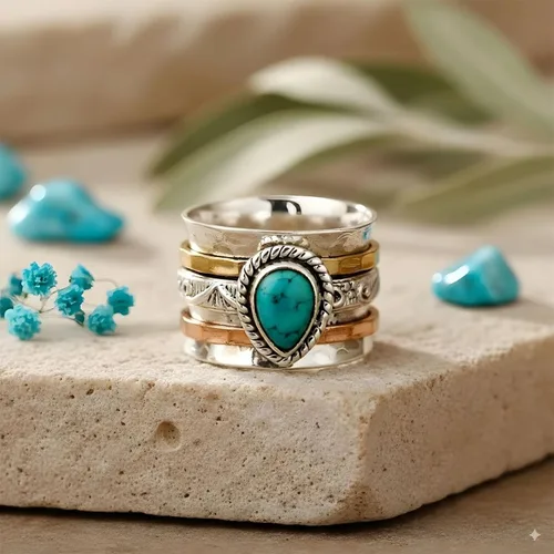 Vista 5 de Anillos de turquesa para mujeres y hombres, chapado en plata de ley, joyería bohemia, vintage, natural, delicada, occidental, anillos de piedra