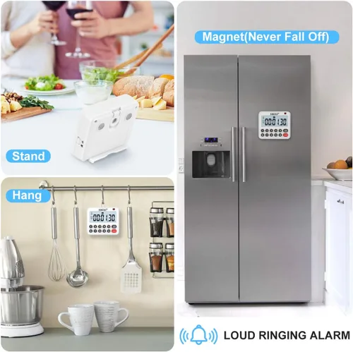 Vista 6 de XREXS Temporizador digital de cocina, cuenta regresiva magnética, alarma fuerte para cocinar y silenciar opcional, imán y soporte, temporizador