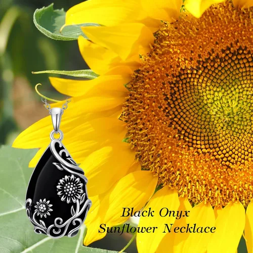 Vista 3 de Collar de margaritahibiscolotorosapeoníagirasol, plata de ley 925, lágrima, ónix negro, joyería de flores vintage, regalos para mujeres