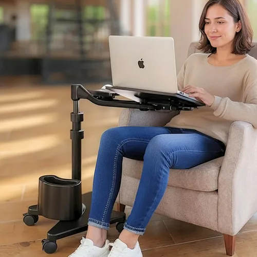 Vista 2 de LEVO G2-801 Deluxe - Soporte rodante para laptop con bandeja para ratón, color bronce y negro Tilting platform, swing arm, locking wheels