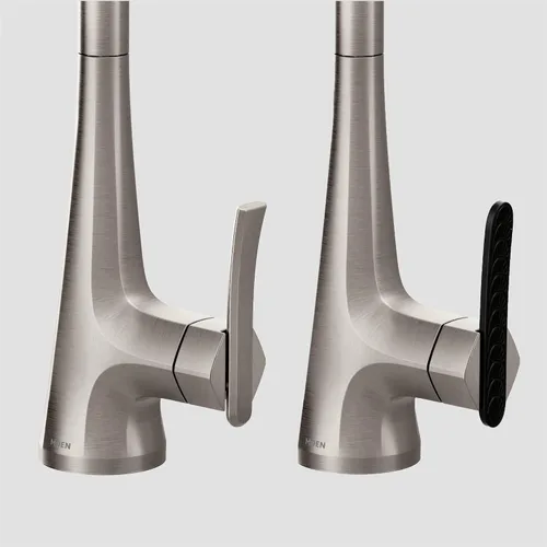 Vista 5 de Moen Sinema grifo de cocina desplegable de acero inoxidable con aumento de potencia y sistema retráctil, llave de cocina moderna de arco alto, fácil