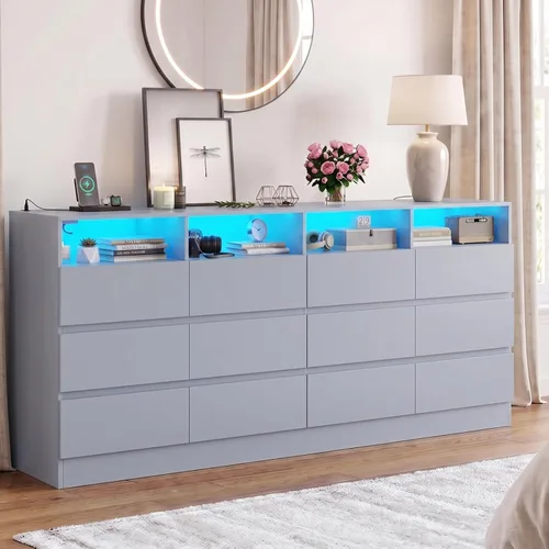 Vista 14 de Gyfimoie - Cómoda blanca de 6 cajones para dormitorio con toma de corriente Blanco