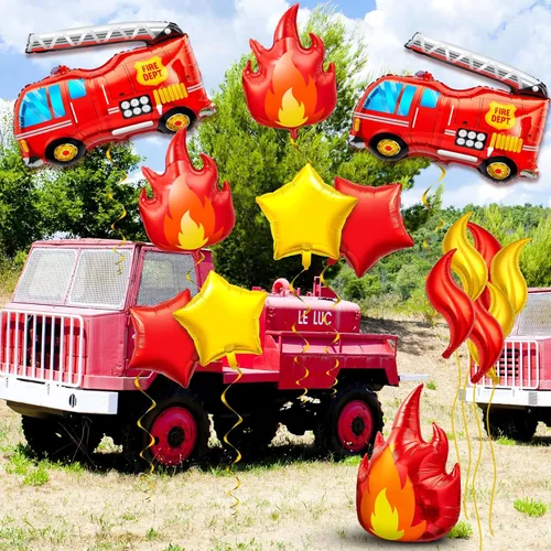 Vista 4 de Juego de 18 globos de camión de bomberos, decoraciones de fiesta de cumpleaños de bomberos con camión de bomberos, globos de estrella de llama