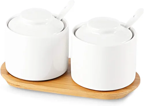 Vista 10 de ONTUBE Azucarero de cerámica con tapa y cuchara, juego de 2, caja de condimentos de porcelana con bandeja, 8 onzas (negro)