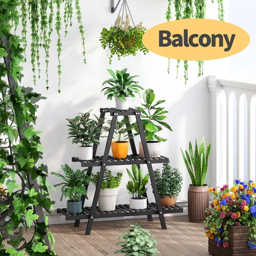 Vista 5 de Soporte de bambú para plantas interior/exterior, 3 niveles, negro, rectangular, 8 macetas para flores, estante para plantas