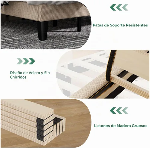 Vista 5 de Base de cama tamaño King con cabecero, cama de plataforma de lino con cabecera tapizada suave de altura ajustable, 10 piezas de soporte de listones