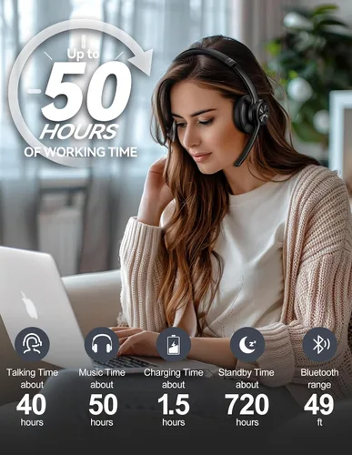 Vista 6 de TECKNET Auriculares Inalámbricos, Auriculares Bluetooth con Micrófono de Cancelación de Ruido AI - Auriculares Bluetooth V5.2 Recargables, 50H