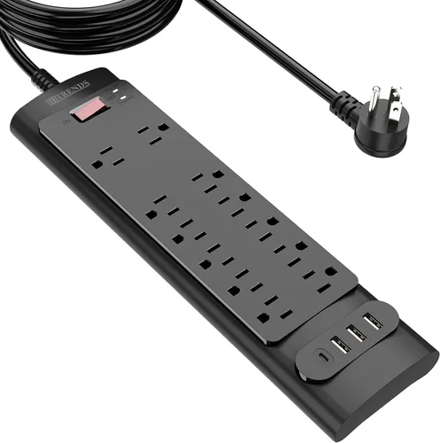 Vista 8 de Regleta de alimentación, protector de sobretensiones HITRENDS con 3 tomas, 4 puertos USB y 1 puerto tipo C (5V/3A), enchufe plano en ángulo, cable