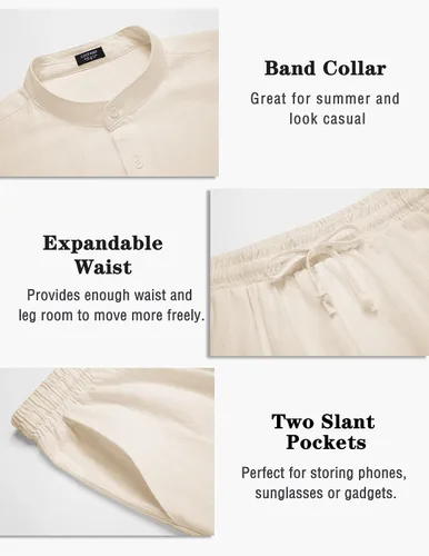 Vista 5 de COOFANDY Conjuntos de lino para hombre, 2 piezas, camisa de manga larga y pantalones cortos casuales con cordón en la cintura, trajes de verano