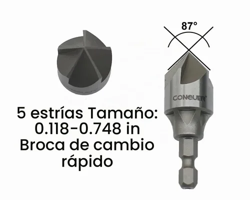 Vista 2 de CONQUER Tools - Broca avellanadora de metal con 5 flautas, 87 grados para vástago hexagonal de 1/4 pulgadas, ajuste de 1/8"-3/4