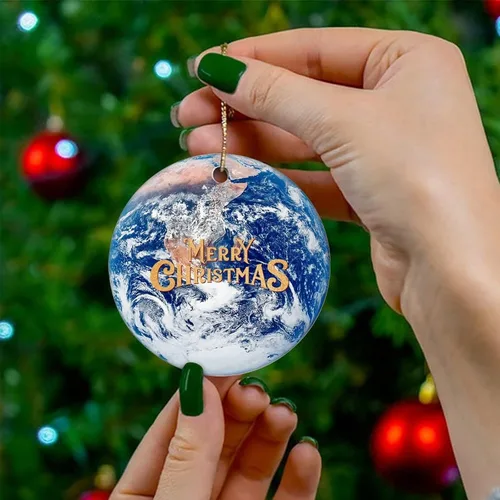 Vista 4 de Adorno de Navidad de cerámica impreso de dos caras del universo y los planetas, novedad para familiares, amigos, niños, fanáticos de la astronomía