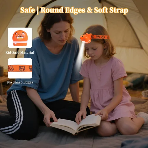 Vista 8 de KunHe Paquete de 8 Linternas Frontales LED para Niños con Diseños de Animales, Linterna Frontal Ajustable para Acampar, Correr, Rellenos