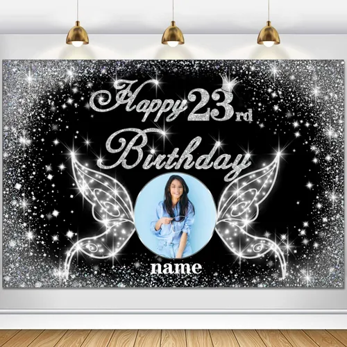 Vista 85 de Cartel personalizado de decoración de fiesta de cumpleaños número 100 - tema de alas de ángel - negro y plateado HY-NLK-100º