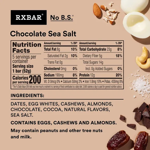 Vista 2 de RXBAR Barritas de proteína, 12g de proteína, snacks sin gluten, chocolate con sal marina (6 cajas, 30 barras)