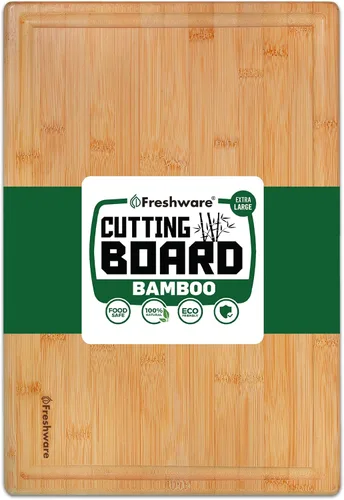 Vista 2 de Freshware - Tabla de cortar de bambú para cocina, ranura para jugos [extragrande]. Tabla para cortar carne, verduras, frutas, queso, bandeja