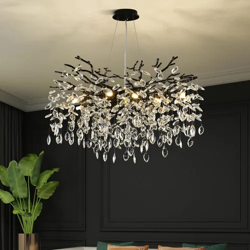 Vista 17 de Candelabro rectangular con ramas de árbol de cristal, L40 pulgadas, Mpdern de lujo cromado lineal Art Deco con forma de gota de lluvia para cocina