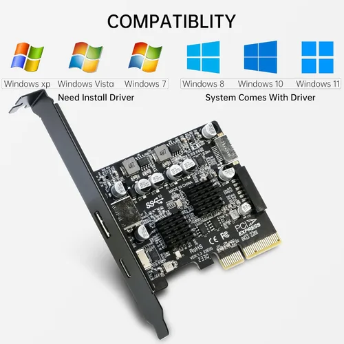 Vista 5 de Tarjeta PCIe USB 3.1, adaptador RIITOP PCI-e 3.0 x4 a USB 3.2 Gen2 (10Gbps) se expande a 20 pines + tipo E + 1 USB 3.0 + 1 USB C