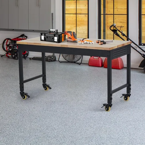 Vista 8 de Work Bench for Garage, 48" Adjustable Workbench with Power Outlets, Wheels, 2000 LBS Load Capacity, Heavy Duty Rubber Wood Top for Garage