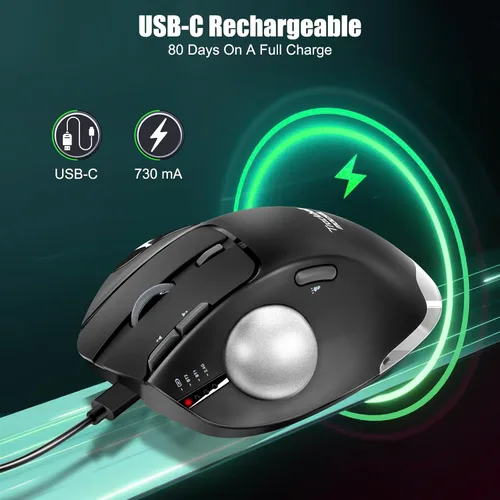 Vista 5 de TRELC Ratón Trackball Inalámbrico, Ratón Ergonómico con Bola Rodante con 4800 DPI/7 Botones Programables, Ratón de Control con Pulgar, Ratón Óptico