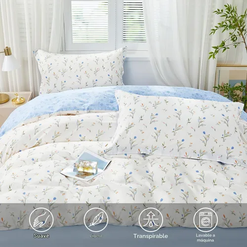 Vista 4 de SAPHREAS - Juego de funda de edredón de tamaño individual de 2 piezas, estampado botánico blanco, funda de edredón floral azul, 100% algodón, 1