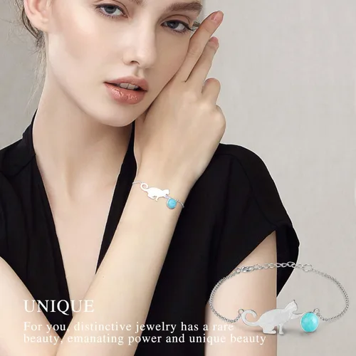 Vista 4 de Regalos de Navidad Pulsera de plata de ley 925 con bolas de juego de gatos de amazonita, pulseras ajustables para gatitos con longitud de cadena