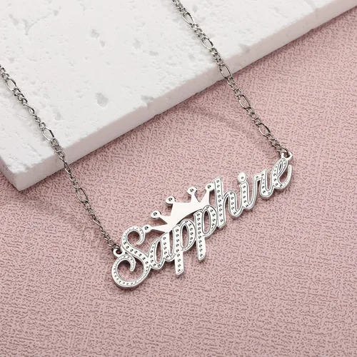 Vista 3 de Drawelry Collar con nombre personalizado de dos tonos con placa de oro de 18 quilates, chapado en doble corazón, placa con dije de placa de nombre