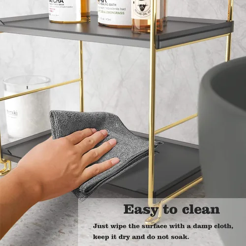 Vista 4 de Estante organizador de especias de 2 niveles para baño, estante de almacenamiento de encimera, estante de almacenamiento de cosméticos de pie negro