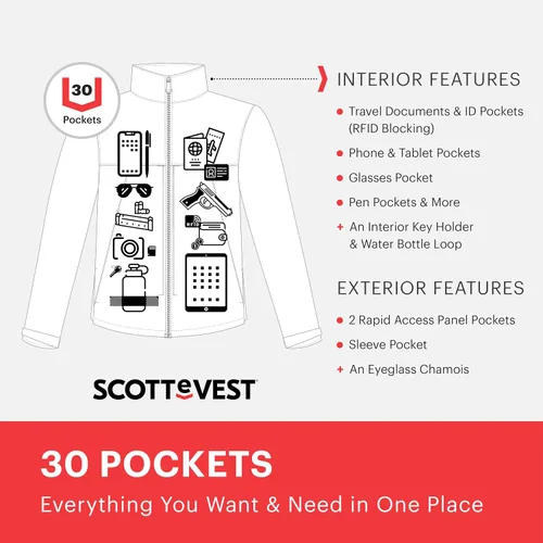 Vista 2 de SCOTTeVEST Chaqueta EDC para hombre, 30 bolsillos ocultos, abrigo repelente al agua para conciertos, viajes y más