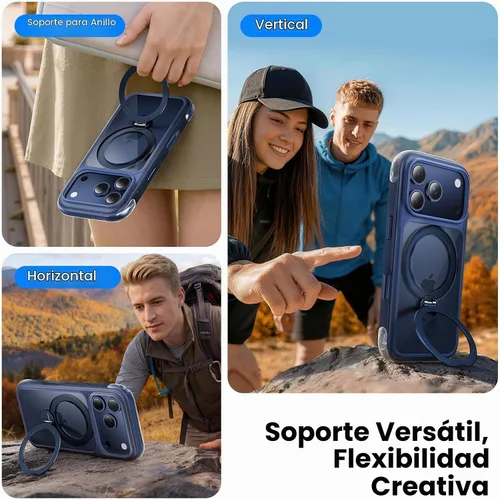 Vista 5 de Funda con anillo de 360° para iPhone 17 Pro, bolsa de aire a prueba de golpes, N52 fuerte magnético integrado, 1 protector de pantalla + 1 funda