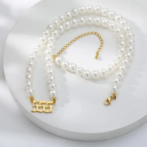 Vista 4 de TRUNO SEA - Collares de números de ángel 111 222 333 444 I555 777 888 999 666 gargantilla de perlas de mitación joyería minimalista de acero