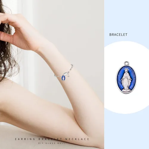 Vista 4 de 40 piezas ovaladas de aleación azul esmalte católica medalla milagrosa de la Virgen María colgante para bricolaje rosario collar pulsera mexicana