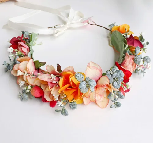 Vista 4 de Vivivalue Corona floral para mujer, diadema de flores bohemias, corona para el cabello, diadema floral, aureola, fiesta de boda