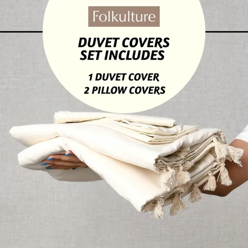 Vista 6 de Folkulture Juego de ropa de cama Queen - Funda nórdica ultra suave 100% algodón, juego de 3 piezas con 2 fundas de almohada (avena, sólido)