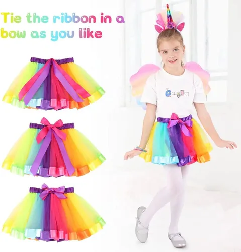 Vista 5 de Cocojeci Faldas de tutú arcoíris en capas con alas y diadema de unicornio para niñas pequeñas