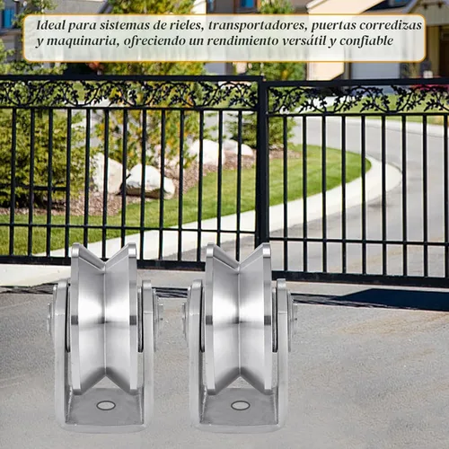 Vista 7 de 2 piezas de rueda de ranura en V de acero inoxidable resistente con polea de cable, bloque de polea para puerta corredera, rodillos con doble