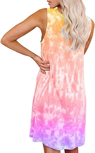 Vista 3 de Women's Casual Tie Dye Short Dress Crew Neck Sleeveless Loose T Shirt Mini Dress