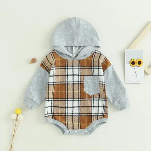 Vista 25 de Twopumpkin Sudadera con capucha a cuadros para bebé niño, mameluco de manga larga con capucha para otoño e invierno